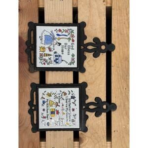 Pair of Vintage Small Cast Iron andTile Wall Trivet Plaques–Made Japan